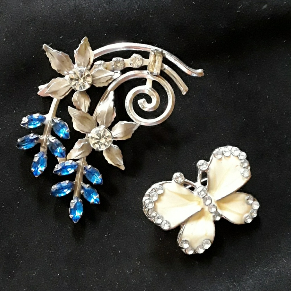 Enamel Butterfly and Blue Flowers Brooches